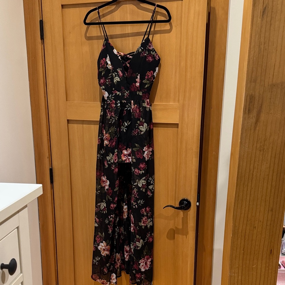 Floral Black Maxi Hi-lo Dress